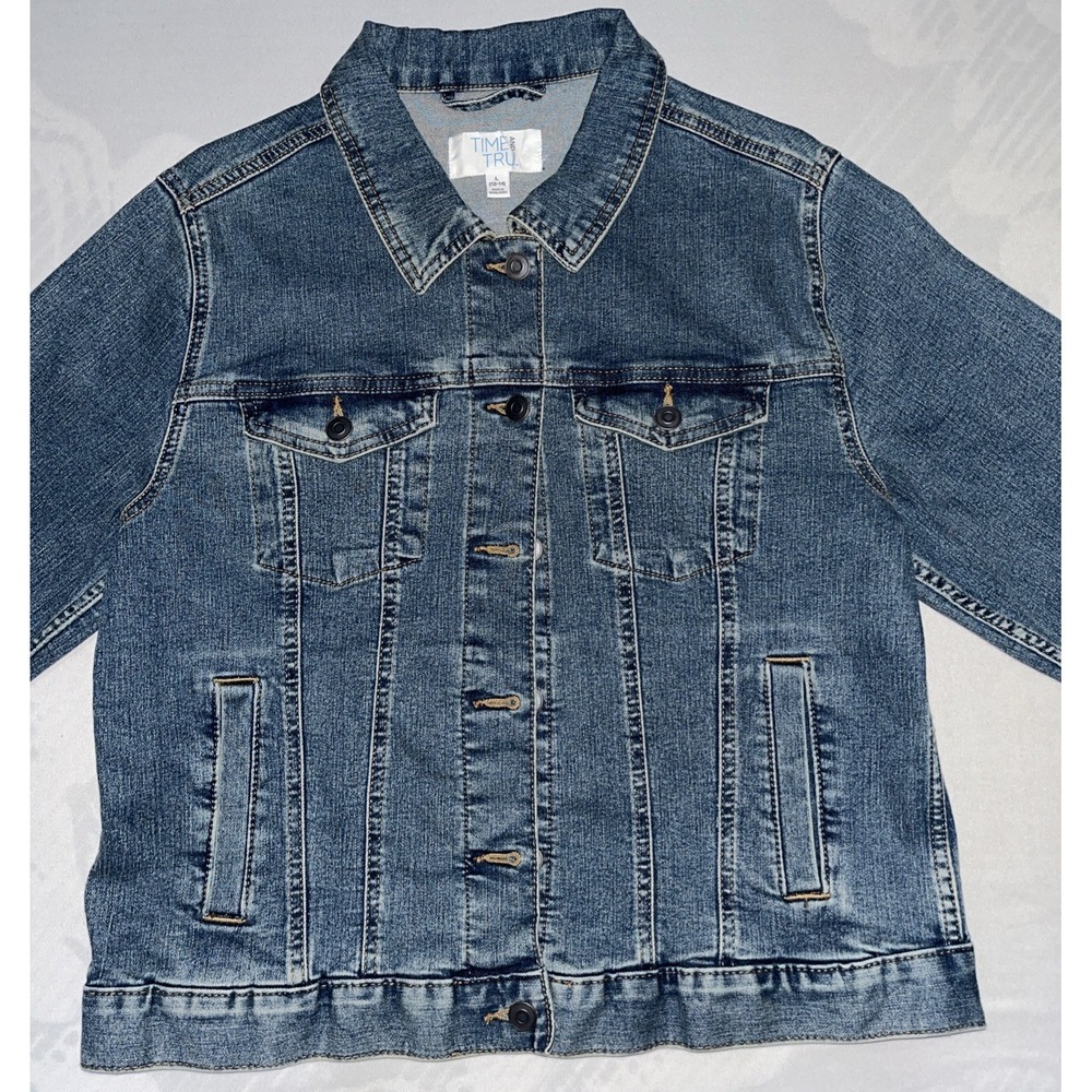 Time and Tru Women's Blue Button Front Denim Jacket L (12-14) Collared Pockets
